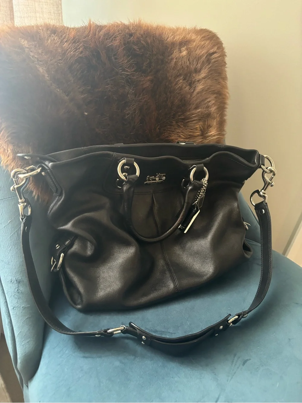 Coach Madison Lindsay 2012 Black Leather Shoulder Tote with Detachable Strap